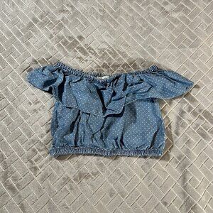 OshKosh Girl 4 Crop Top Blue Micro Polka Dot Ruched Ruffle Short Sleeve Chambray